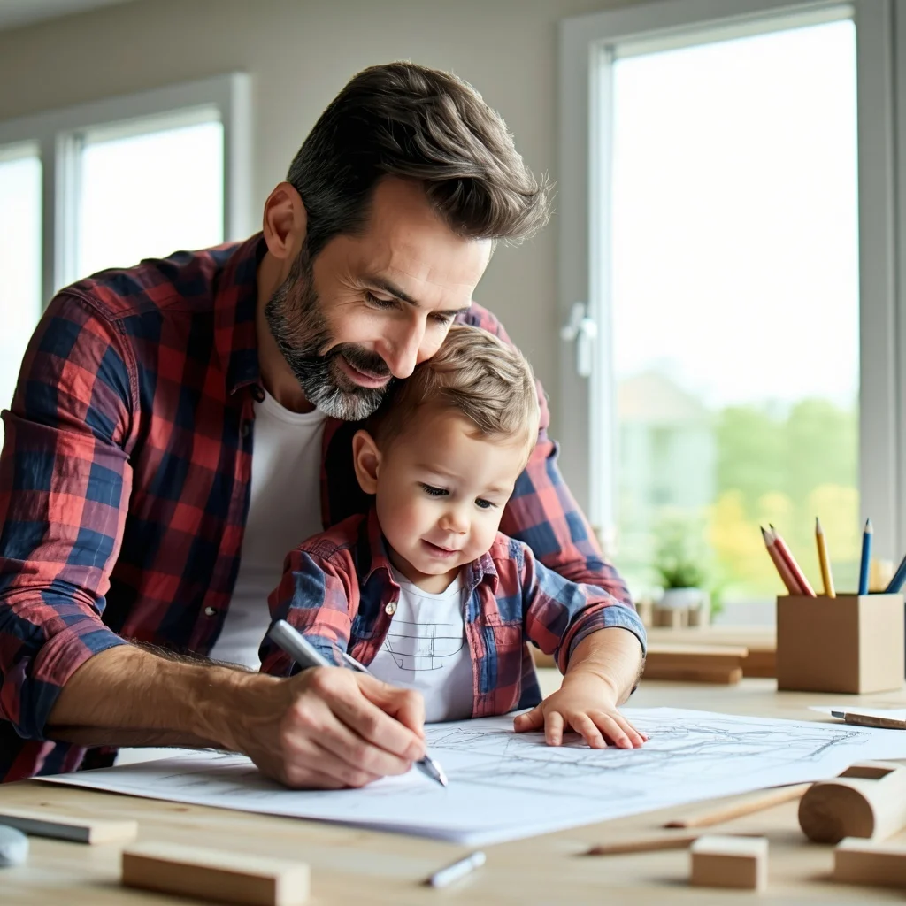 Dad working on home project with child