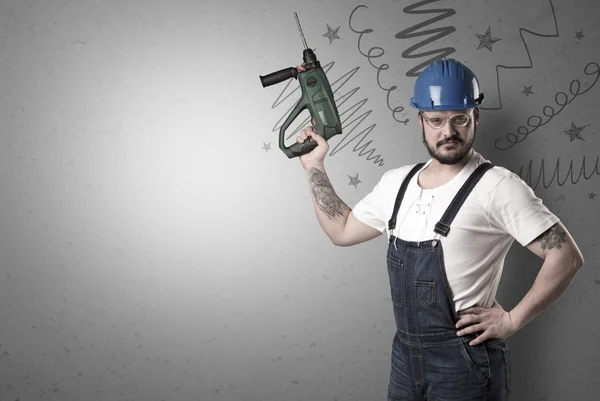 Handyman with tool in his hand and hand drawn lines above