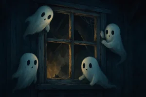 cute ghosts creeping around rickety windows