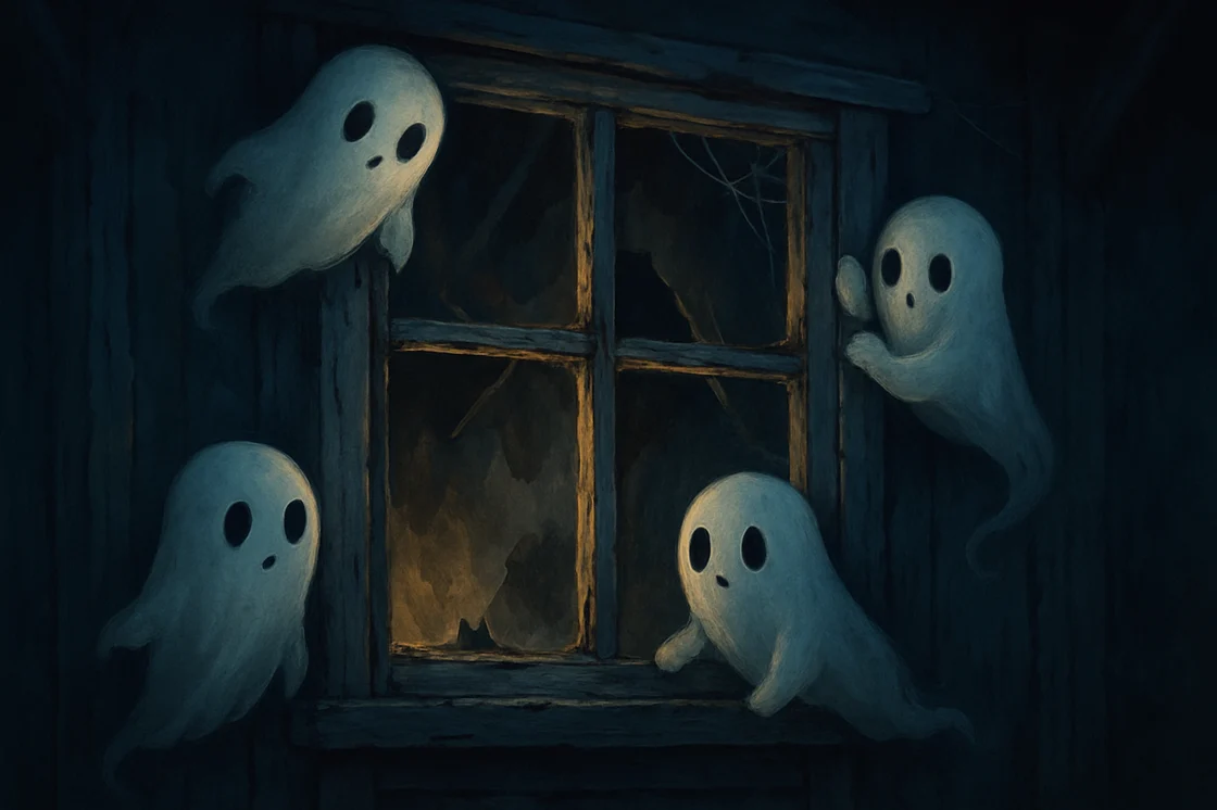 cute ghosts creeping around rickety windows
