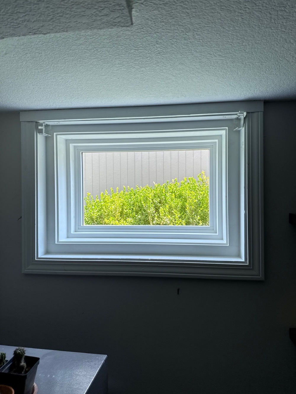 New basement window installation with view of green hedges, interior view in a Lee's Summit, MO home